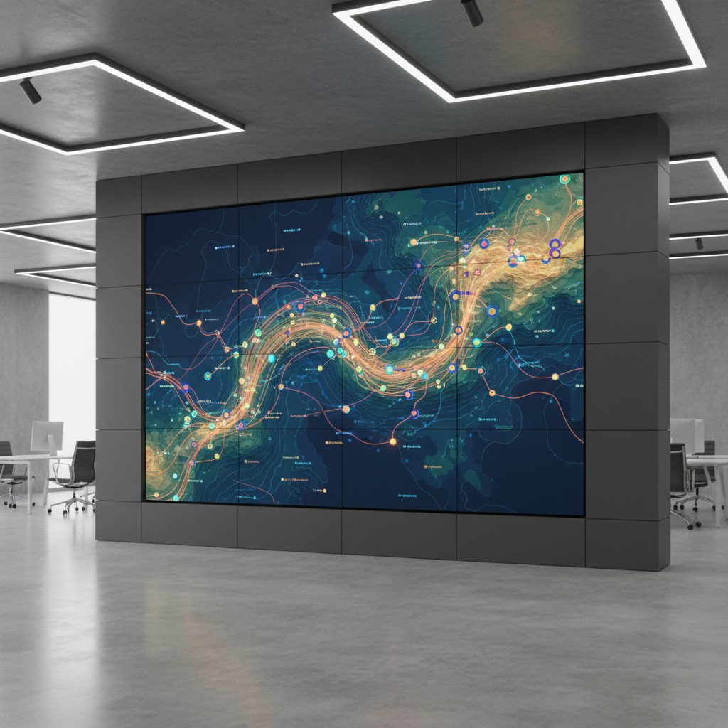 a large screen displaying a map of interconnected lines and points in a room with office desks and chairs.